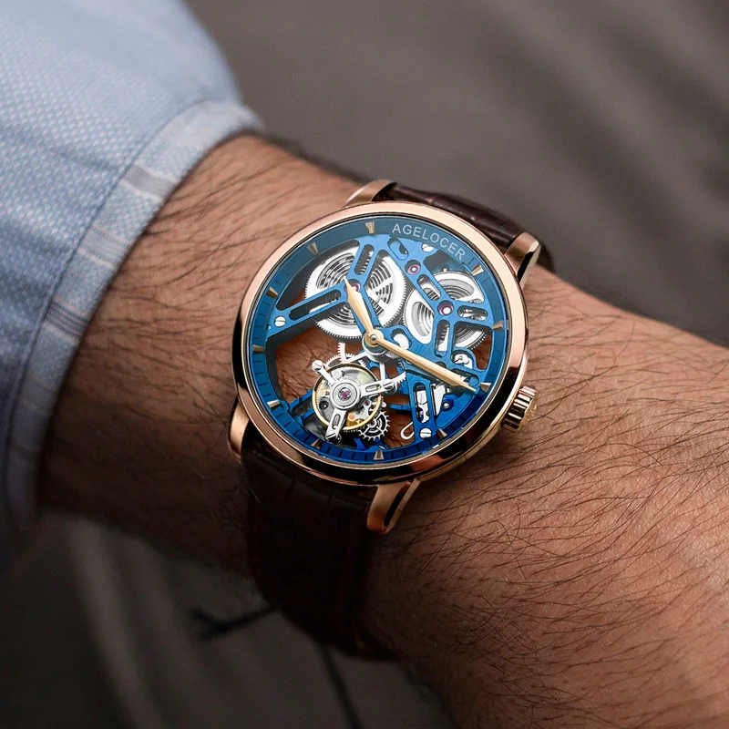 Оригинальные часы AGELOCER Tourbillon мужские с сапфирово голубым скелетонным