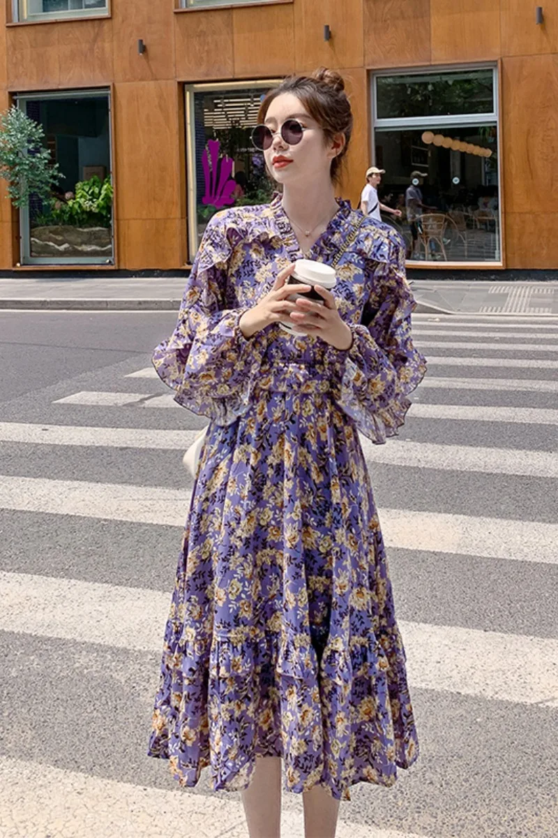 

Dresses for Women Summer Purple V-Collar Midi Skirt Autumn Winter French Vintage Ruffled Floral Long Sleeve Dress Dresses