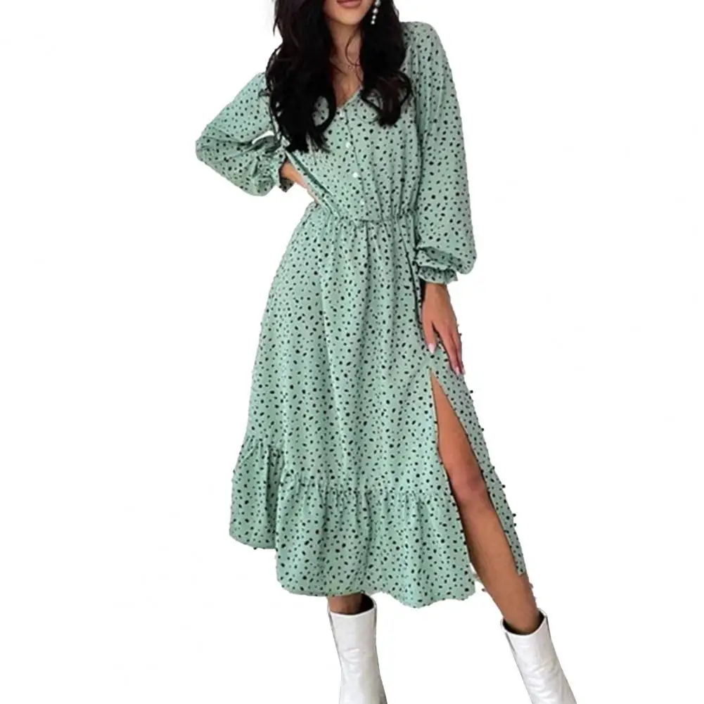 

Sexy Dress Irregular Dot Print V Neck Split Casual Lantern Sleeve Long Dress for Beach Wholesale drop shipping