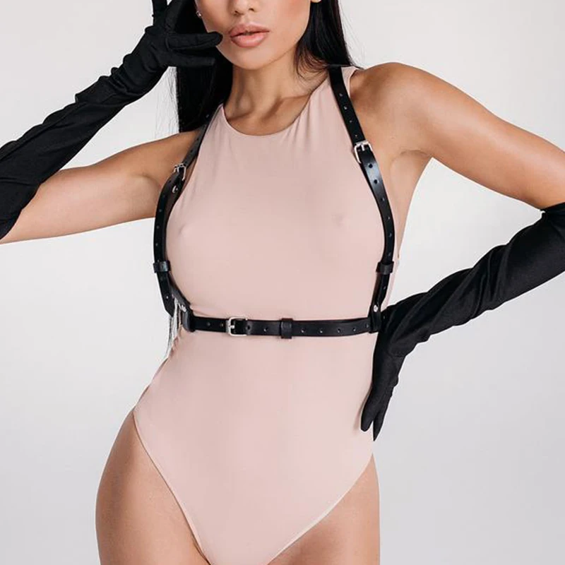 Women Black Leather Body Harness Sexy Goth Harness Crop Top Bondage Harness Cage Bra Bralette Fetish Wear Open Chest Suspender