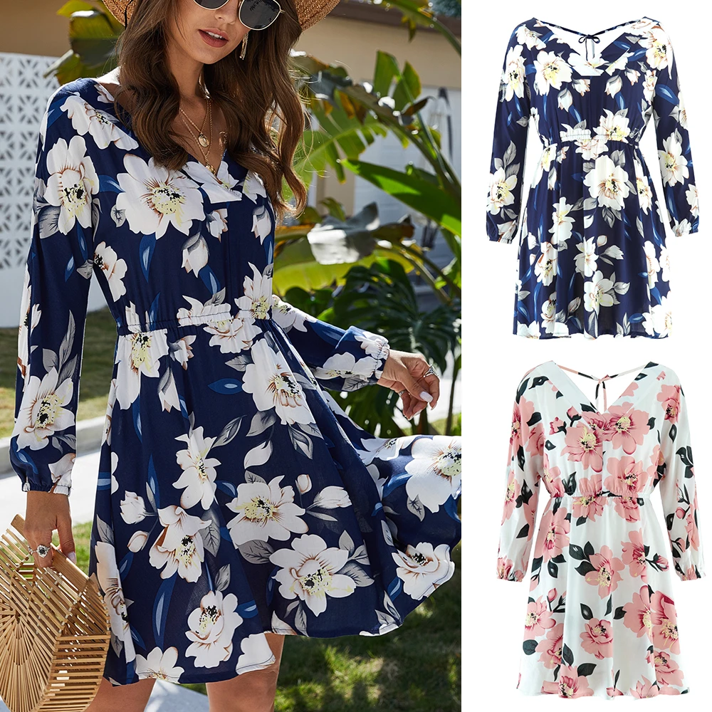 

Print Dress Women Classic V-Neck Lace-Up Backless Long Sleeve Print Dress Vintage emperament Print Dress 2020 Spring/ Summer