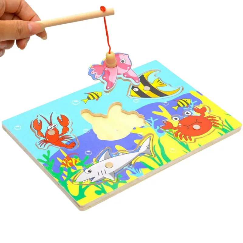 

Wooden Fishing Game-Magnetic Fishing Puzzles with Number Puzzle Sea Creatures Kids Fishing Game Educational Toys for 3 Years Old
