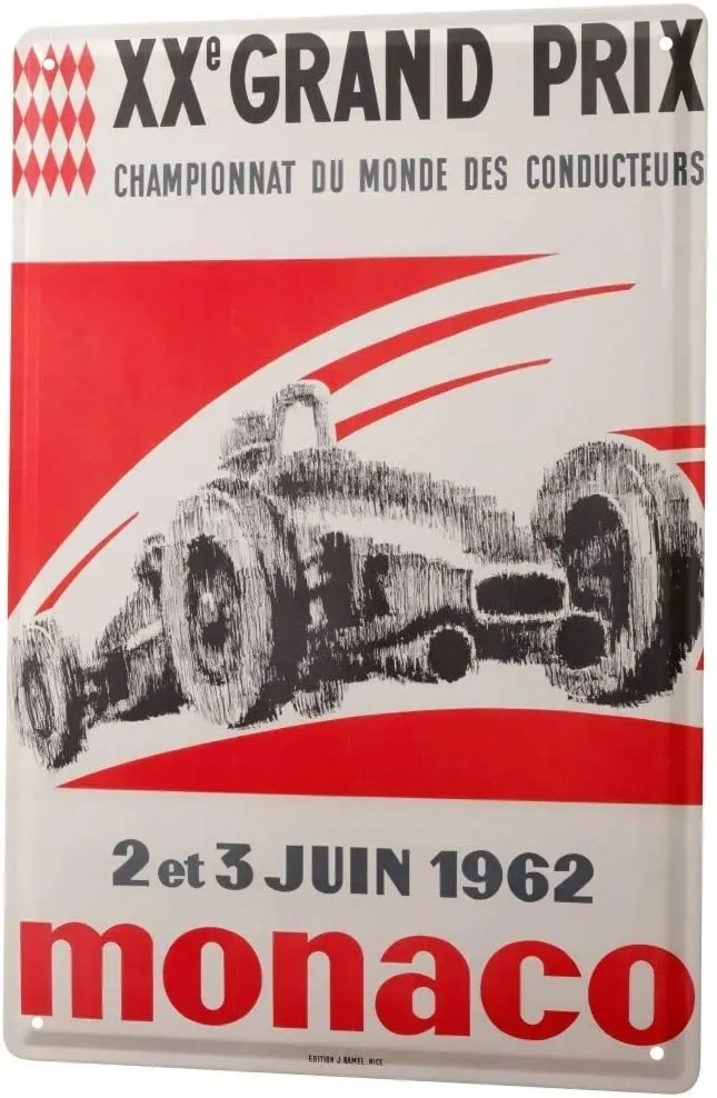 

С 2004 года, жесть, металлическая пластина, украшение для дома, бренд, классический автомобиль, Монако, Grand Prix 1962, классический ретро 20x30 см