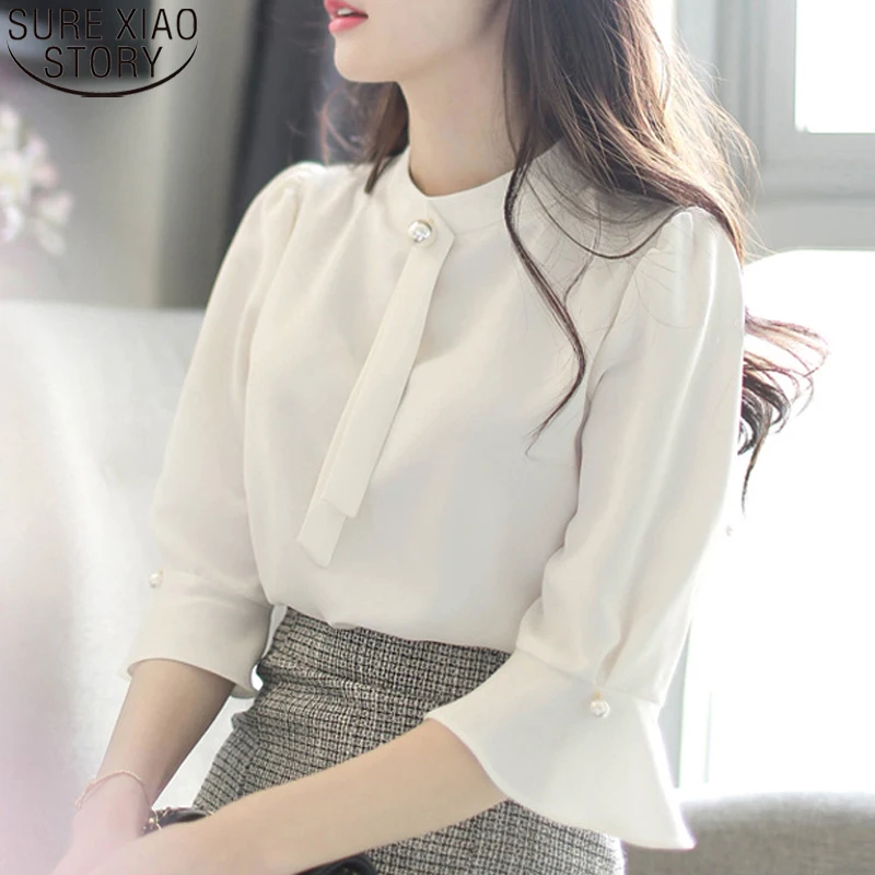 

White Blouse Office Lady Women Tops Solid Beaded Half Flare Sleeve OL Style Summer 2021 Chiffon Shirts Loose O-neck Blusas 10167