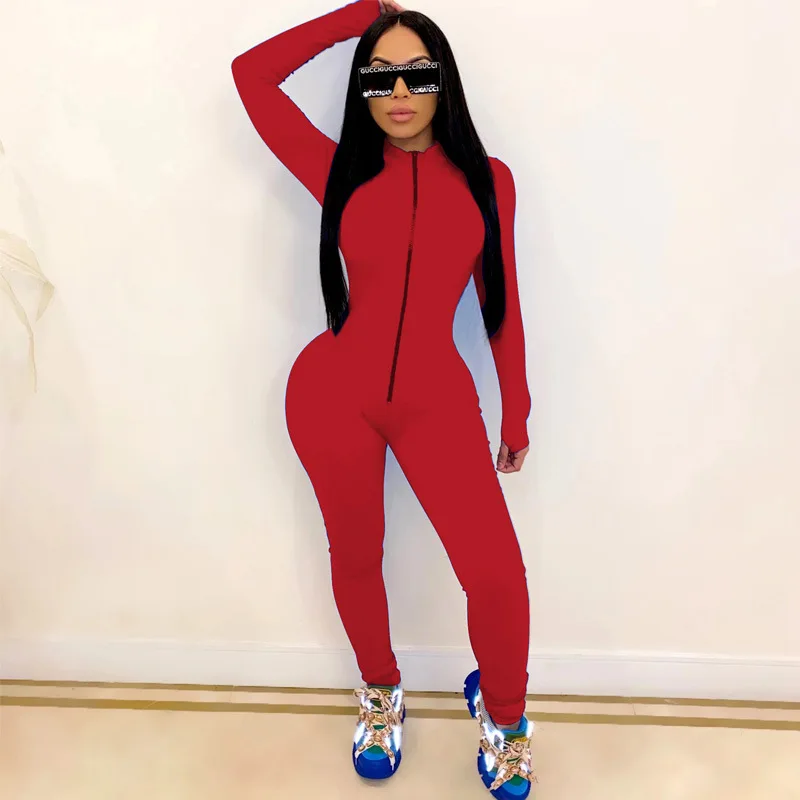 

HAOOHU Solid Zipper Up Long Sleeve Sport Women Jumpsuits Rompers Drape Sexy Night Club Party Elegant One Piece Outfits Playsui