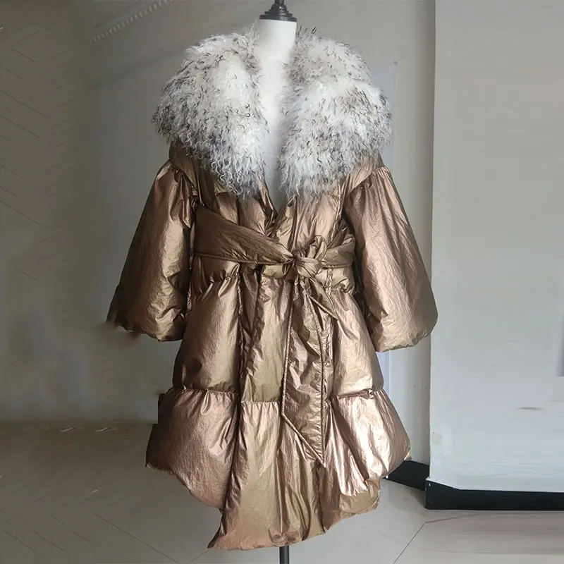 Женская парка на утином пуху с капюшоном длинное пуховое пальто из натурального