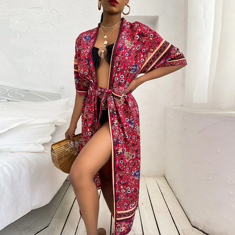 

Vintage Floral Print Tie-up Top Bikini Swimsuit Women Elegant Female Summer Swimwear Sexy Fashion Short Sleeve Loose Beachwear