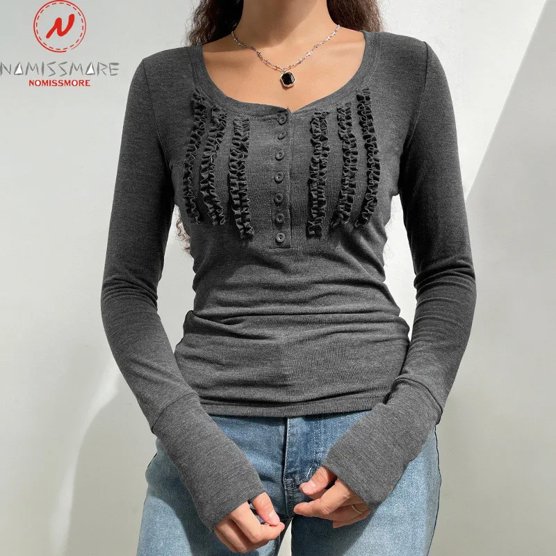 

Модные Женские однотонные футболки для улицы, однобортный дизайнерский Приталенный топ с О-образным вырезом и длинным рукавом, демисезонны...