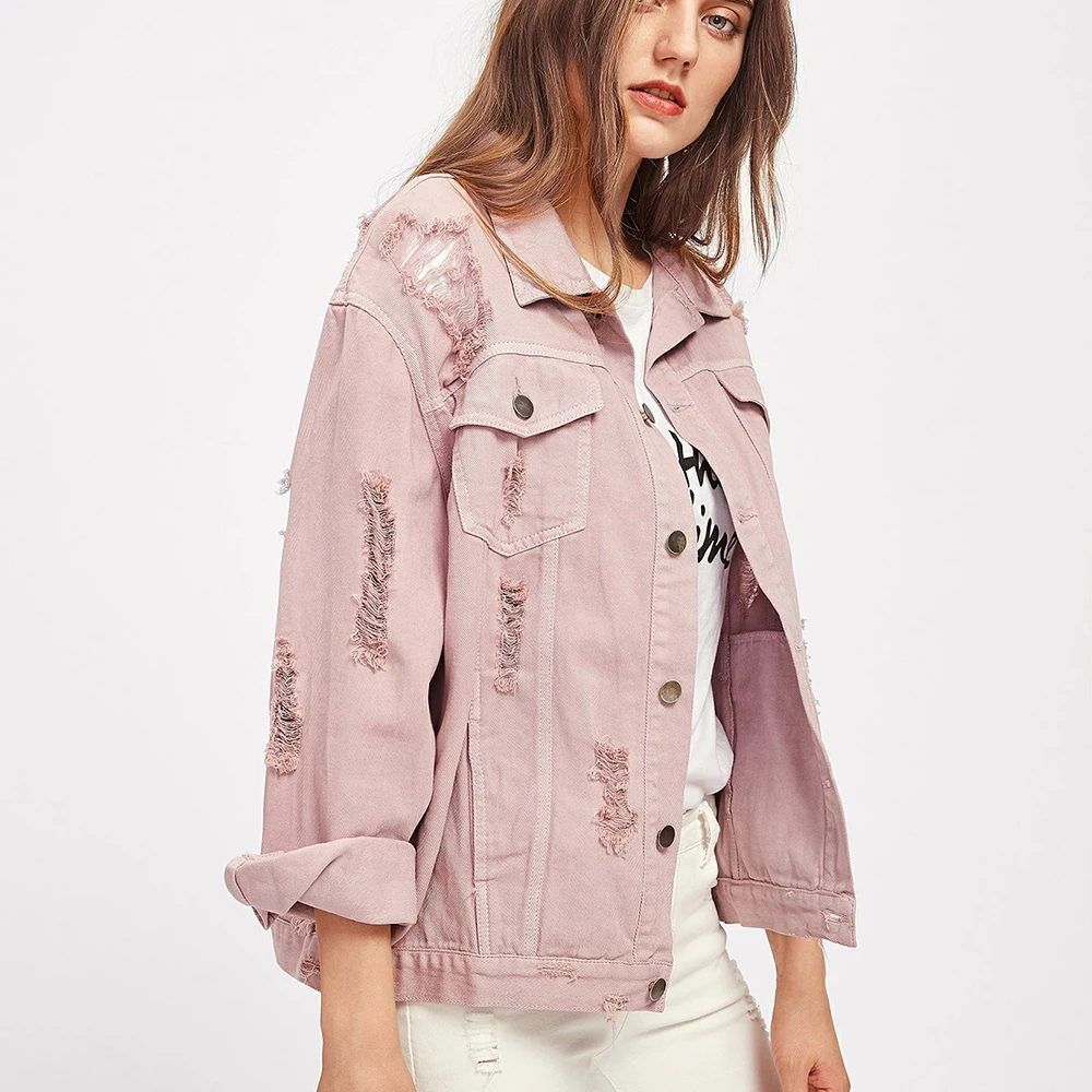 

Pink Hollow Out Jean Jacket Women Denim Jackets Coat Autumn Winter Streetwear Tops Pocket Button Up Oversized Jacket Jeans 2020