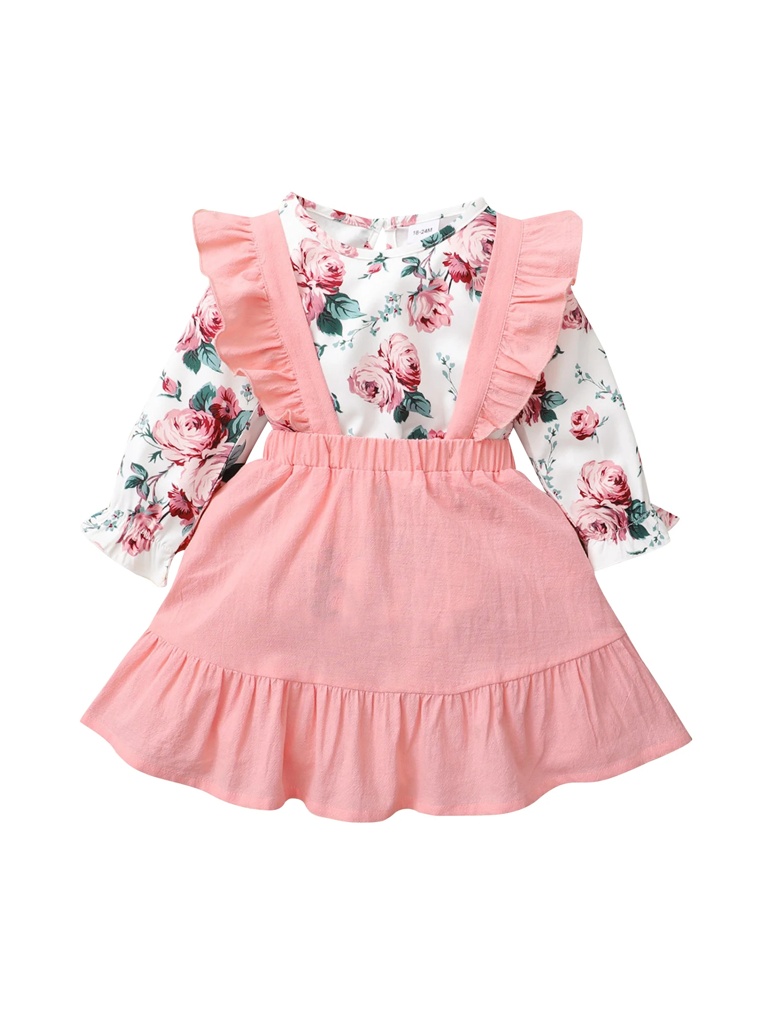 

Kid Girls Clothes Rose Print Long Sleeve O-neck T-shirt Solid Color Suspender Skirt Clothing