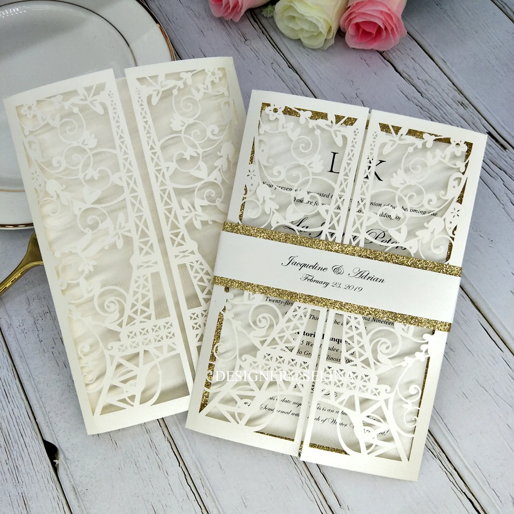 Приглашение на свадьбу с золотым блеском в виде Парижской башни 20 +