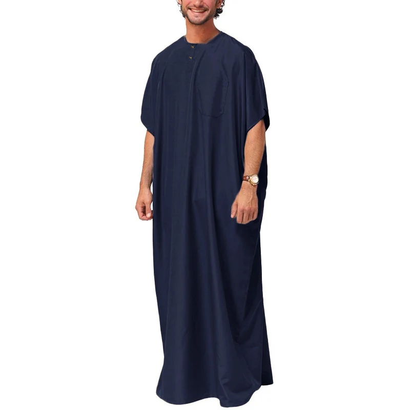 

Jubba Thobe Men Islamic Arabic Kaftan Solid Short Sleeve Loose Retro Robes Abaya Middle East Muslim Clothing Plus Size
