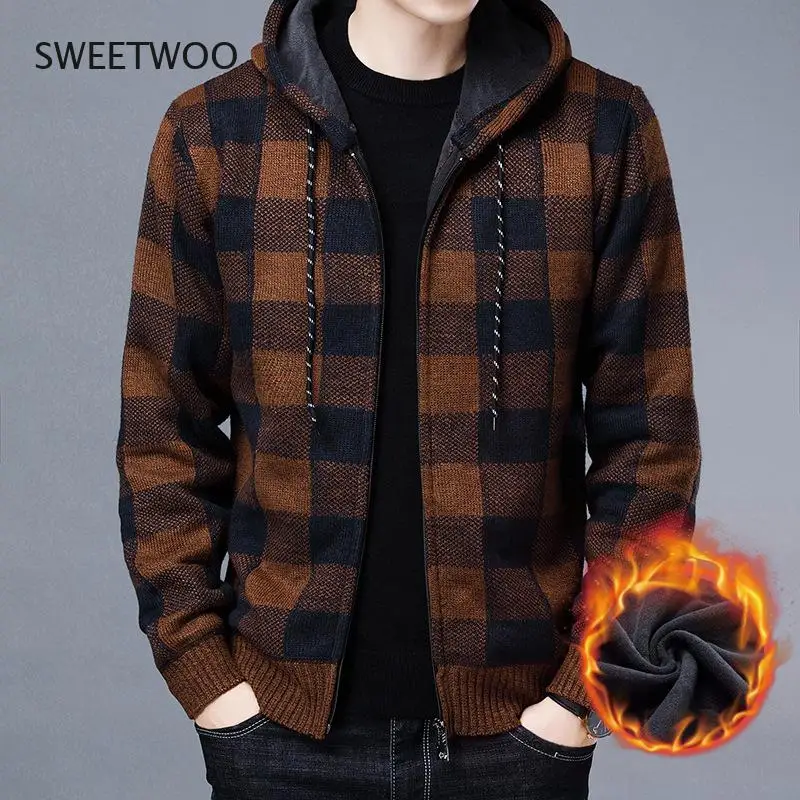 NEW Men's Sweater Coat 2022 Autumn Winter Thick Warm Hooded Plaid Wool Sweater Cardigan Jumpers Zipper Fleece Coat Men