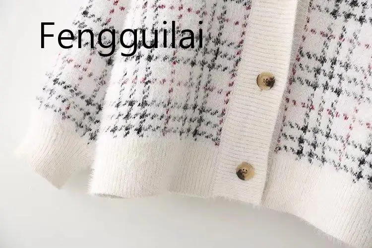 

FENGGUILAI chic plaid single-breasted White Cardigan wool sweater mori girl 2019 autumn winter