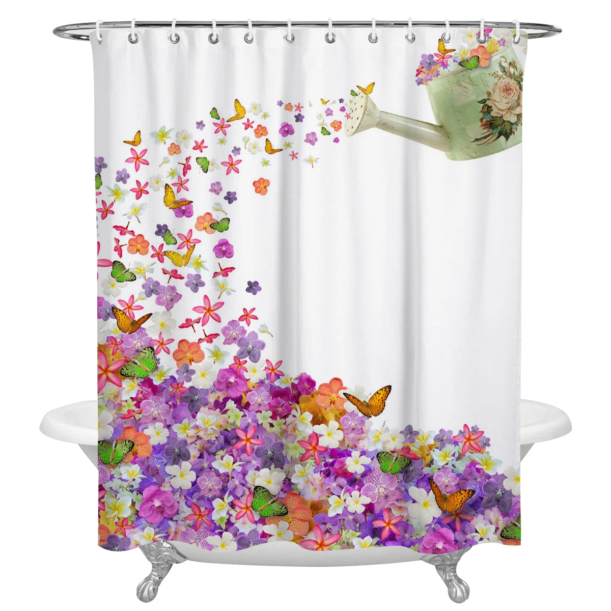 

Butterfly Flowers Kettle Watercolor Painting Shower Curtain Waterproof Polyester Fabric Shower Curtains Home Decoration Curtain