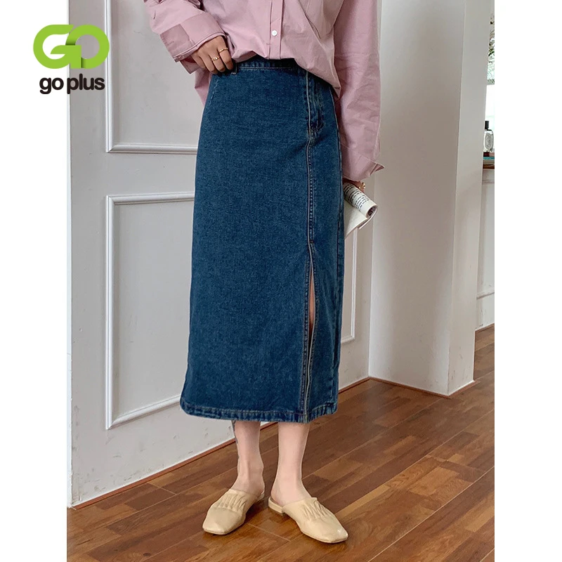 

GOPLUS Skirt Korean Fashion Denim Skirts Split Midi Long Black Bodycon Skirt Girls Clothes Jupe Longue Femme Rokjes Dames C11147