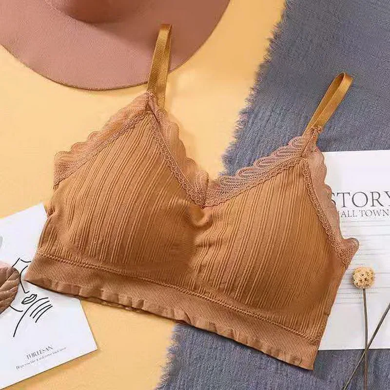 

Wire-free Ladies Bra Seamless Sling Vest Sexy V-neck Lace Hem Beauty Back Bra