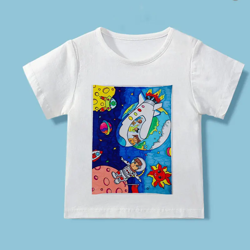 

Summer New Astronaut Boy T Shirts For Children Science Fiction Spaceship Girls T Shirts Painted Round Neck Casual Kids T Shirt