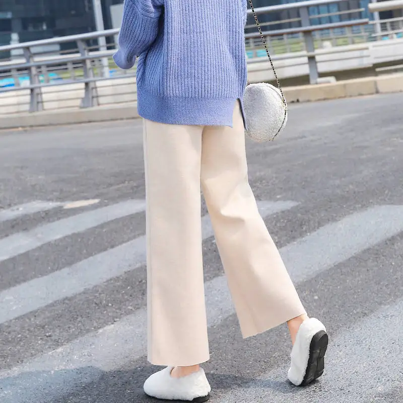 

Autumn Winter Wide Leg Woolen Pants Women Elastic High Waist Loose Straight Ankle-length Drape Pants Beige Black Casual Trousers