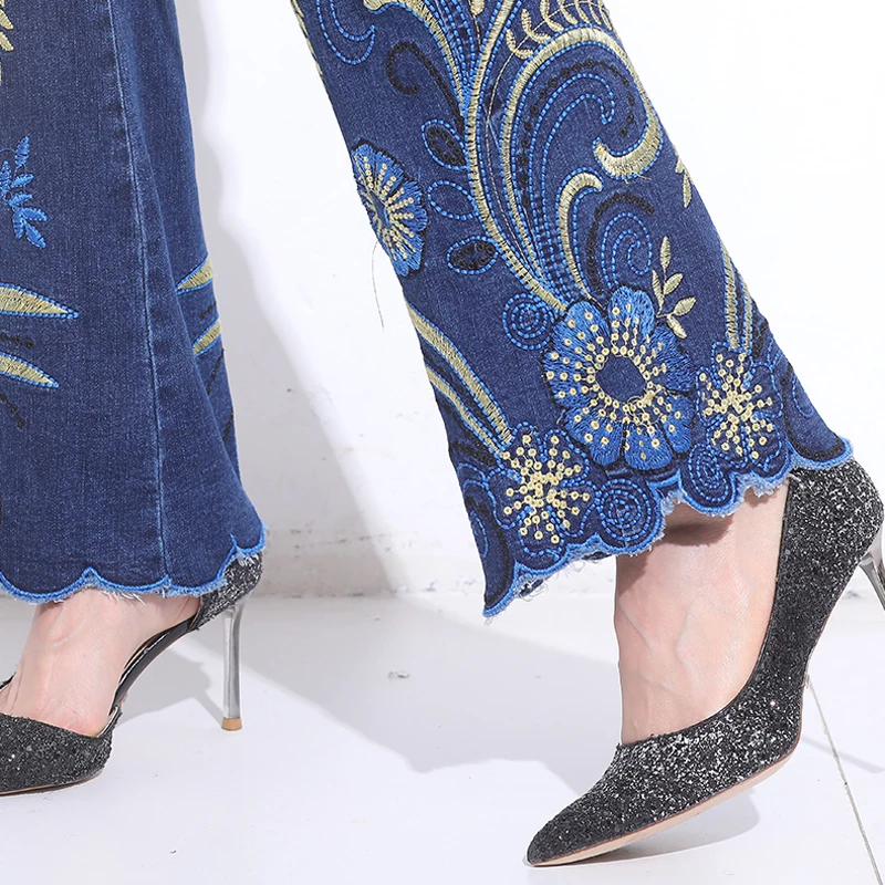 FERZIGE Women Jeans High Waist Flare Pants Embroidered Florals Blue Stretch Famous Brand Mom Trousers Femme Push Up 36 | Женская одежда