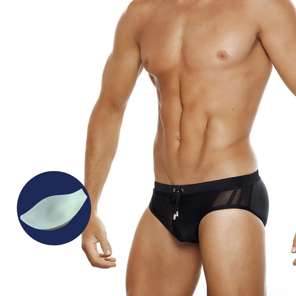 

Men Swim Briefs Black Color Mesh Stitching Triangle Swimwear With Pad Summer Quick Dry Beach Surf Swimming Trunks