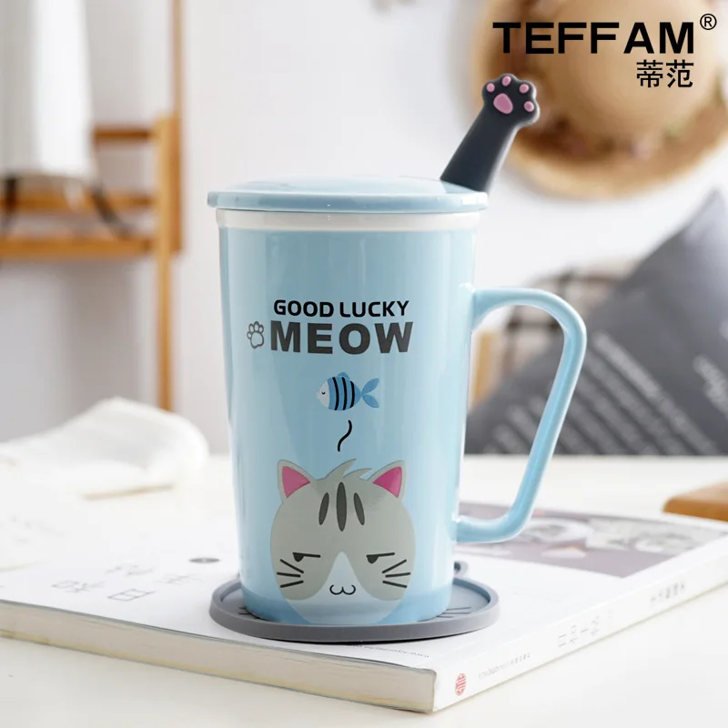Light Blue Kitty 360 мл керамические кофейные кружки с изображением животных с крышкой и ложкой, чашки для молока, чая, воды, креативные подарки, мультяшный стиль, обезьяна, кролик, для Чи - Цвет: Light Blue Kitty