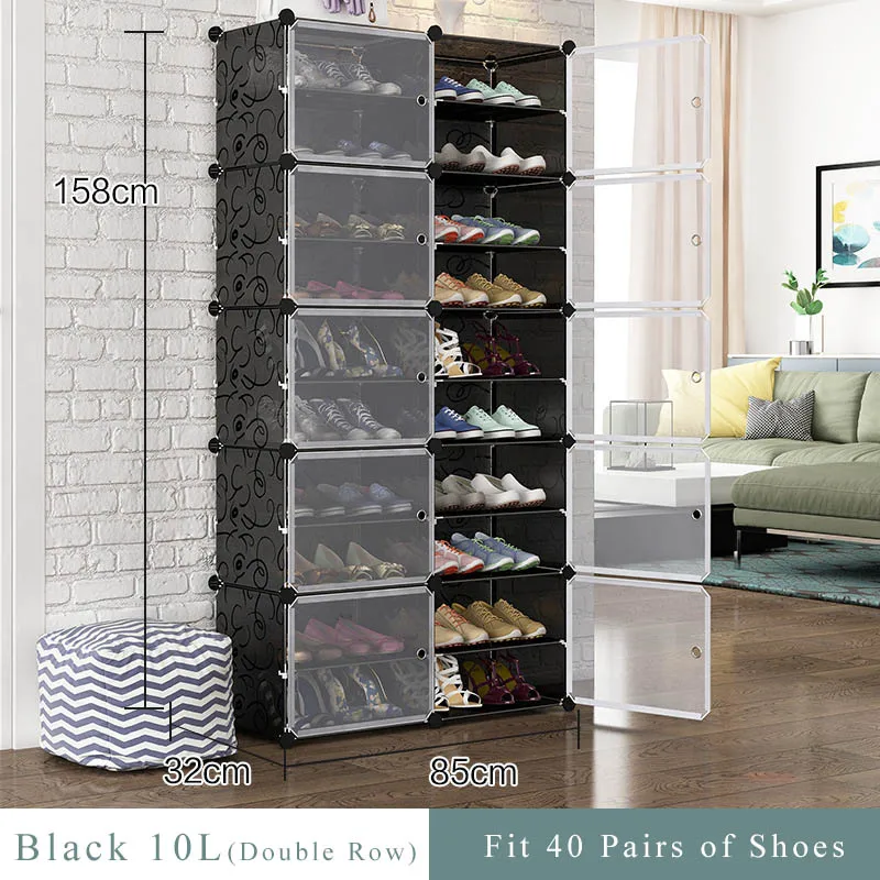Black 10L Double-row Shoe Rack Home Dustproof Modular Closet Furniture Shoes Cabinet Door Space-saving Shoe Organizer Keep Room Neat - Цвет: Black 10L