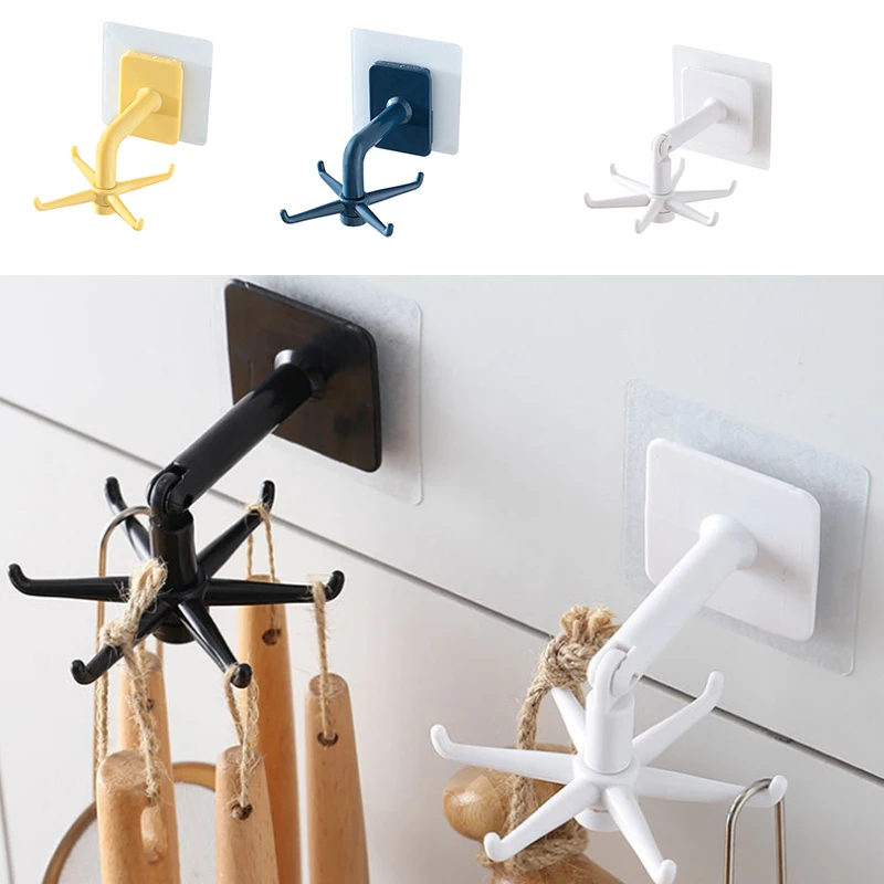 

1PCS 360 Degrees Rotated Kitchen Hooks Self Adhesive 6 Hooks Home Wall Door Hook Handbag Clothes Ties Bag Hanger Hanging Rack