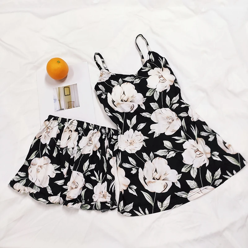 Black Женские пижамы с рисунком из хлопка FallSweet, набор белья из двух частей, без рукавов, с вшитыми чашками, для лета - Цвет: Black