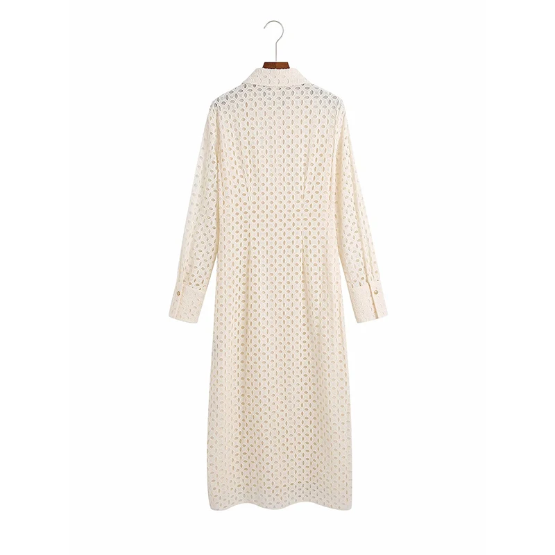 

ZA Embroidery Long Dress Women Elegant Lady Long Hollow Out Party Vestidos Fashion Single Breasted Turn Down Collar Grils Dress