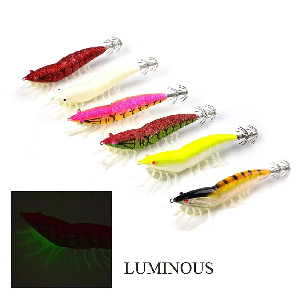 

3g Luminous Squid Jig Fishing Wood Shrimp Lure Squid Cuttlefish Jigs Lures Spinnerbait Wood Shrimp with 2.0# Hook