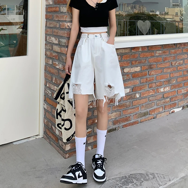 

Summer New Adjustable Buckle High Waist DenimPleated Pants Women's Cotton Loose Wide Leg Frayed Hem Ripped Denim Shorts Tide