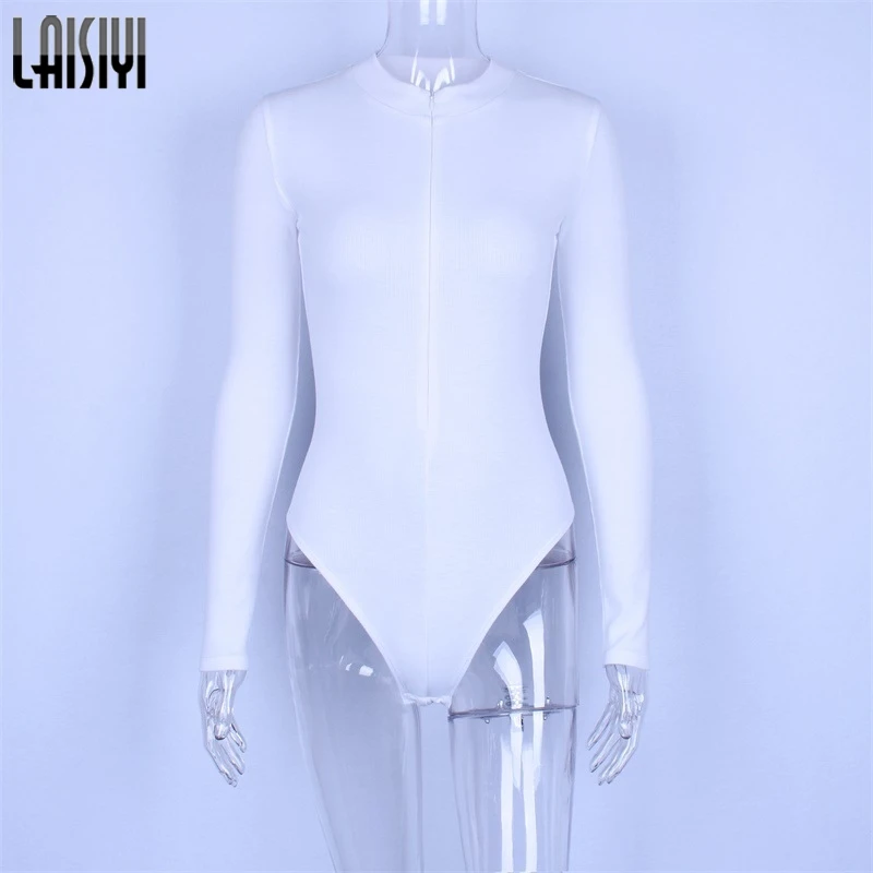 

LAISIYI Ribbed Knit Long Sleeve Zipper High Neck Bodycon Sexy Bodysuit 2019 Autumn Women Fashion Club Body Jumpsuit Female Top