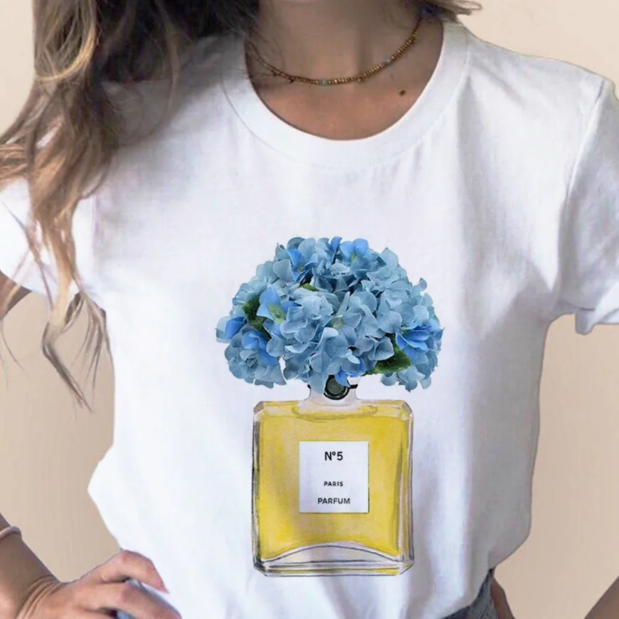 

Print Flower Perfume Bottle Sweet Short Sleeve Tshirt Printed Women Shirt T Female T-shirt Top Casual Woman Tee