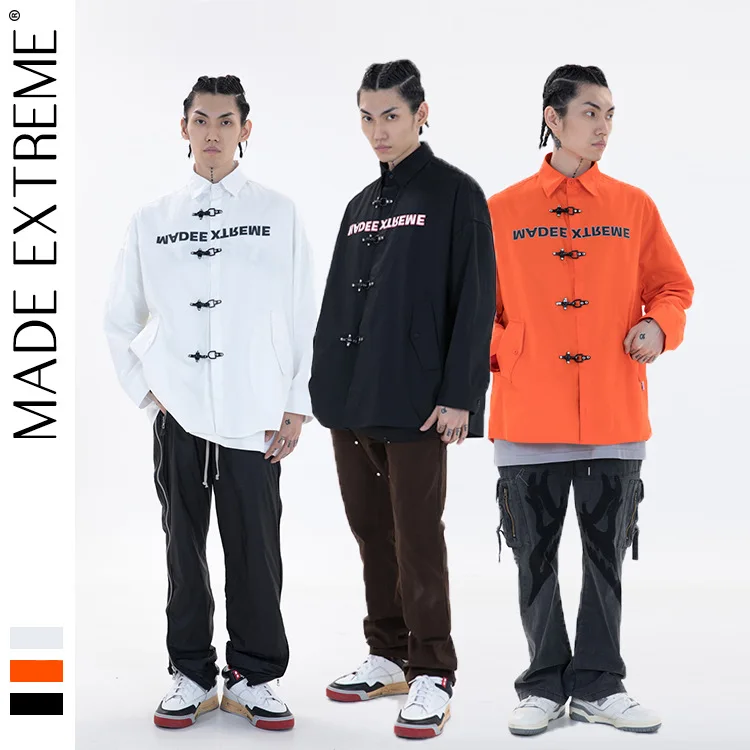 

MADEEXTREME Chinese Style retro mens long sleeve print shirt high street button down shirts for men hip hop harajuku shirt L213