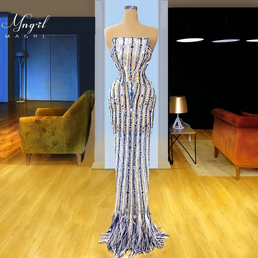 

MNGRL Luxury Evening Dress One-shoulder Long Sleeves Hand-applied Diamonds Glittering 2021 New Evening Dress Party Dress