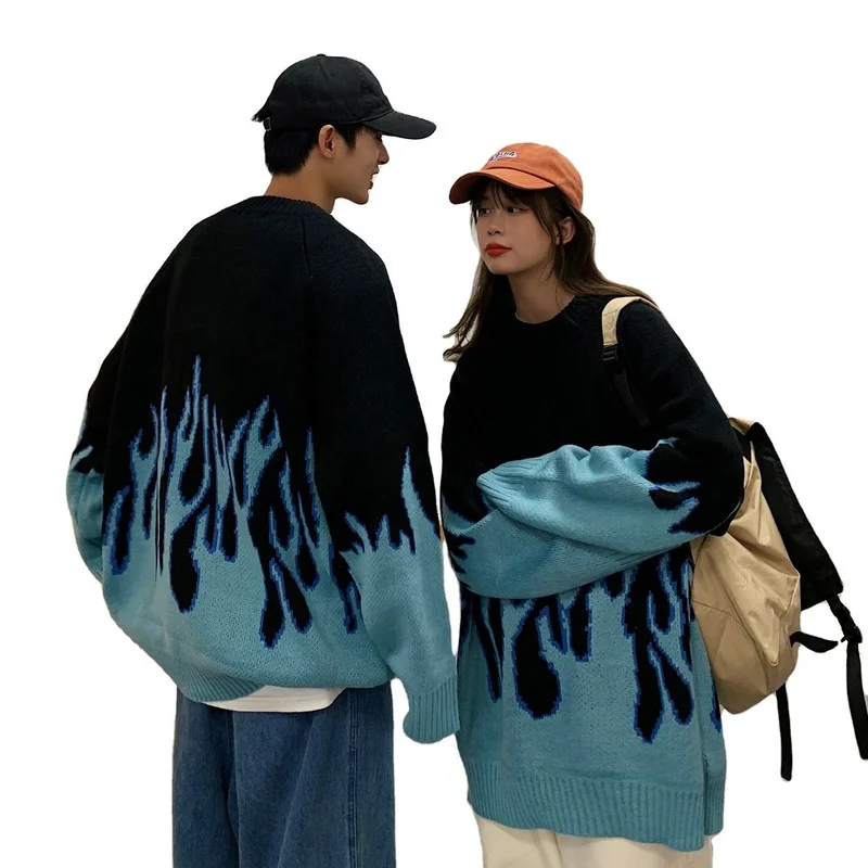 

2021new Men's Korean Ins Fashion Brand Idle Style Flame Sweater Fried Street Coat Fashion