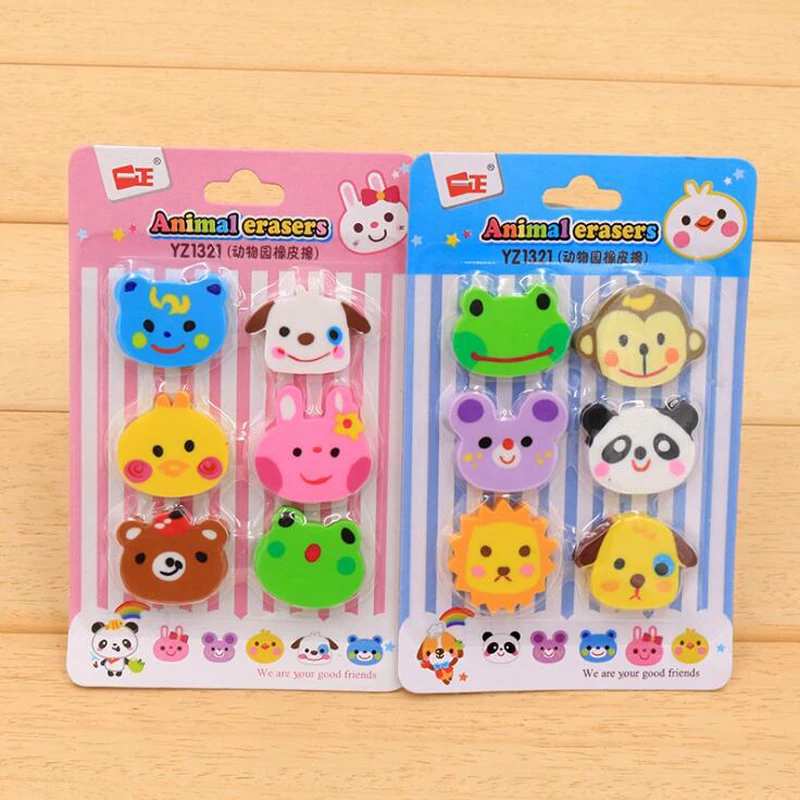 

6 Pcs Kawaii Eraser Cute Animal Head Pencil Eraser Creative Accessories Korean Stationery Office School Supplies