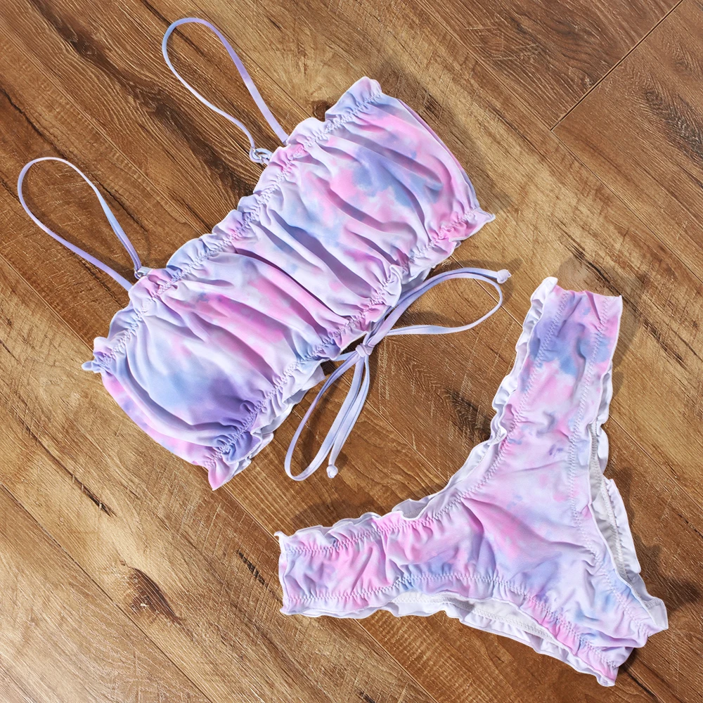 Купальник-бикини женский с принтом тай-дай бандажный купальник оборками и