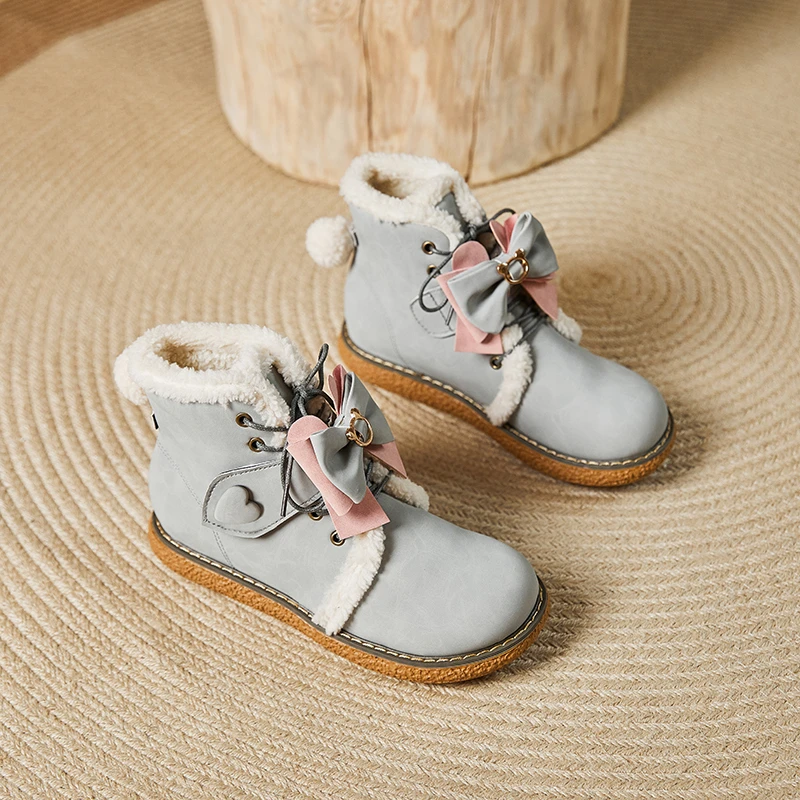 

British Women Casual Boots Winter Flat Platform Lolita Shoes Increase Soft Sister Bowknot Velvet Snow Boot Girl Student Sneakers