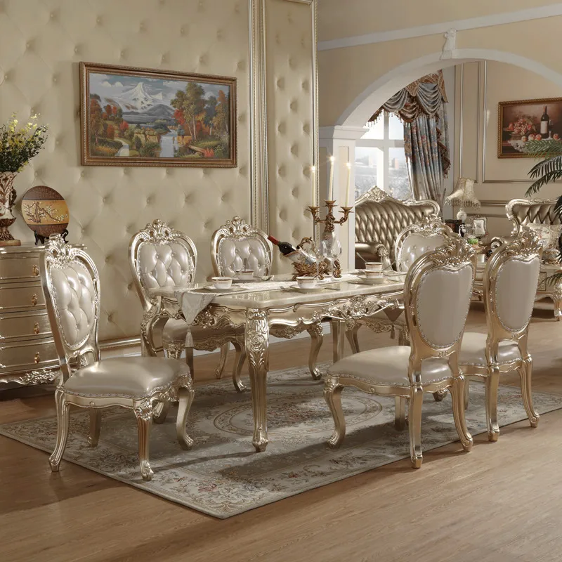 Combination Champagne Rectangular Dining Table Solid Wood Carved Dining Chairs