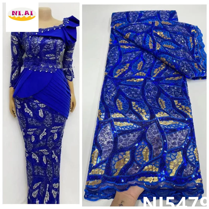 

Wholesale Royal Blue Embroidery Velvet Lace High Guality African French Velvet Lace Fabric With Sequin For Wedding NI5479-3