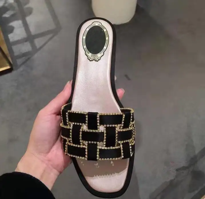

2021 Fashion Womens Shoes Flat Slippers for Women's Outer Wear Woven Fashion Women's Flip Flop with Diamonds Zapatos Para Mujer