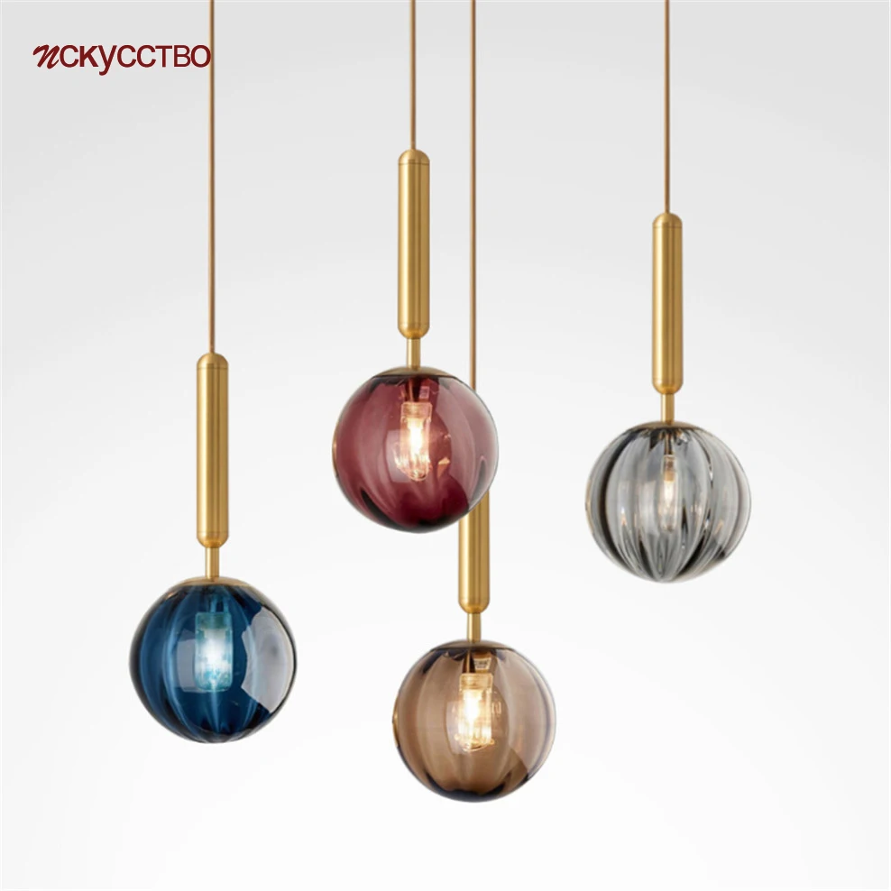 

Скандинавские цветные стеклянные шаровые подвесные светильники дымчато-серый синий красный подвесной светильник для обеденного стола спа...