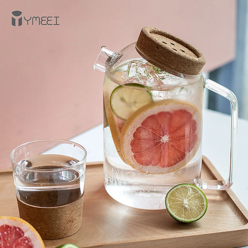 Стеклянный пробковый чайник YMEEI с деревянной крышкой термостойкий для холодного