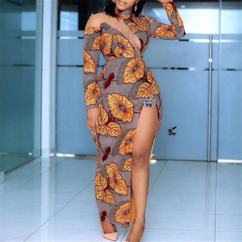 

Print Floral Party Dresses Women African Sexy Mesh Hollow Split Bodycon Long Sleeves Elegant 2022 Spring Female Maxi Long Dress