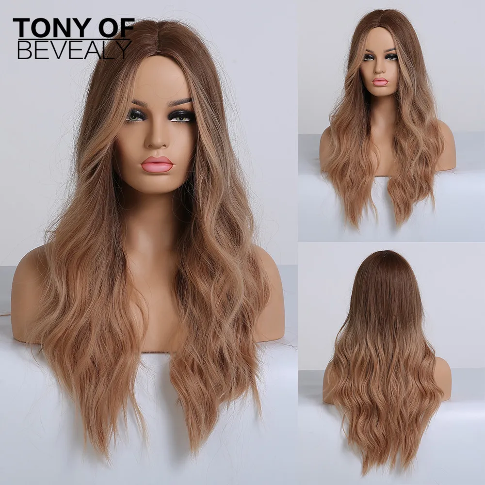 Длинные волнистые синтетические парики с Омбре от коричневого до светлого цвета