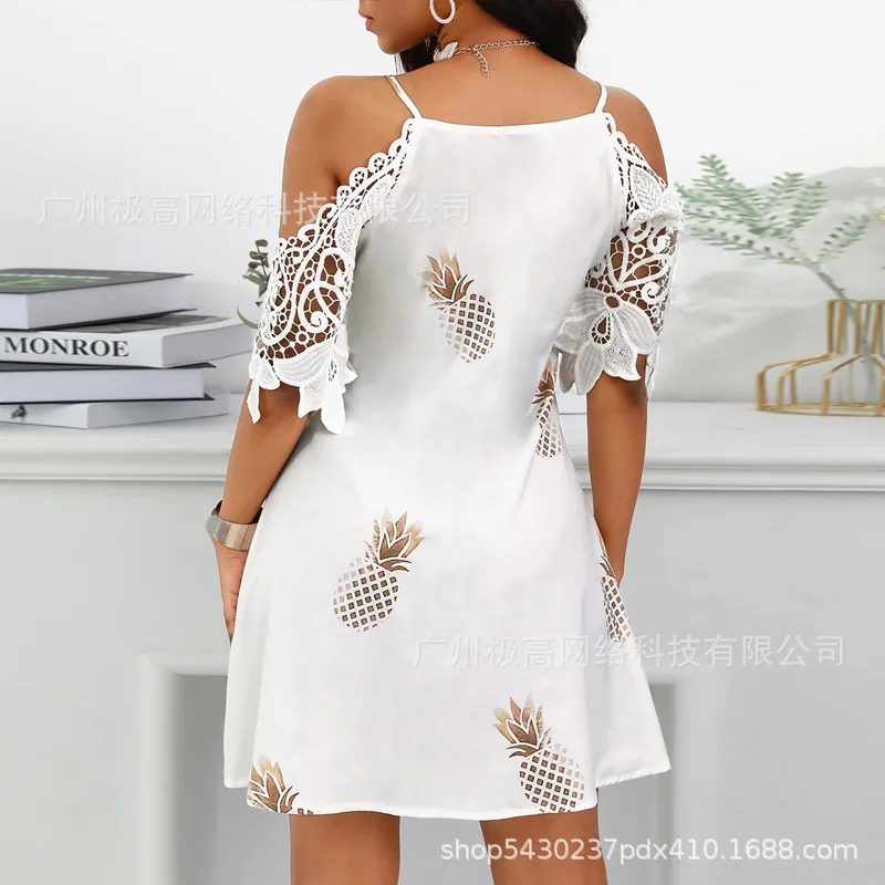 

WEPBEL Dress Summer V-neck Spaghetti Strap Short Sleeve Off-Shoulder Dress Women's Sexy Printed Lace Hollow Out Dress