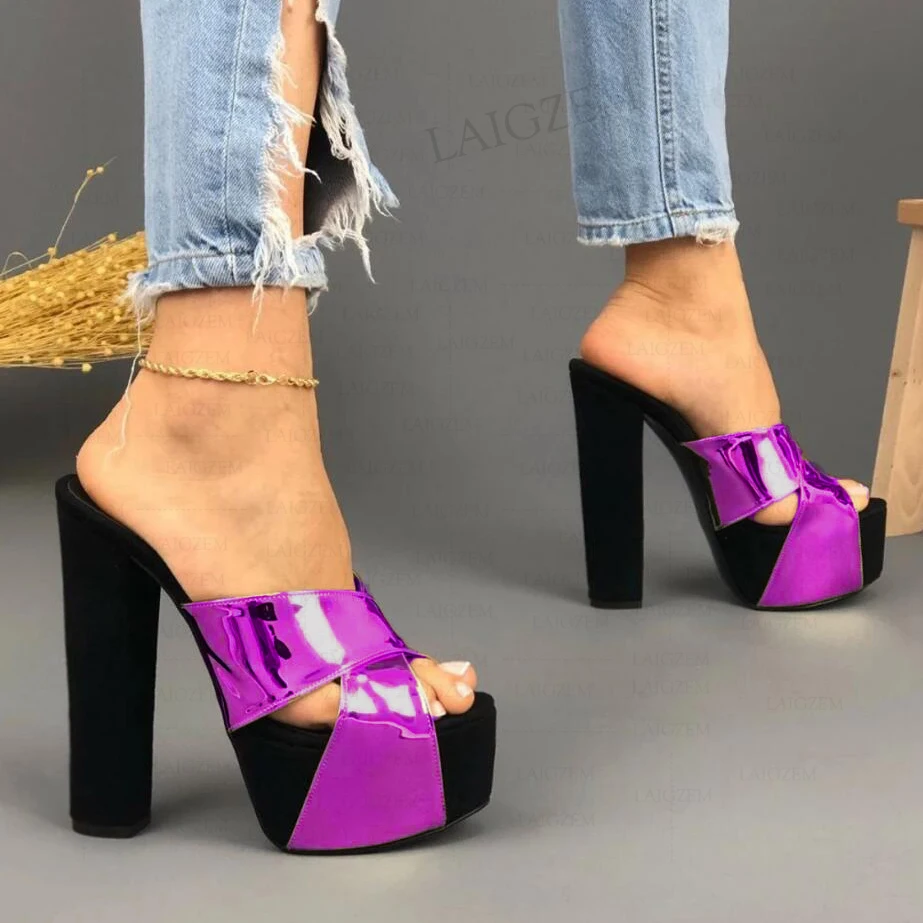 

SEIIHEM Women Platform Pumps Peep Toe Block Heeled Patchwork Metallic Color Mules Height Increase Shoes Woman Big Size 41 46 52