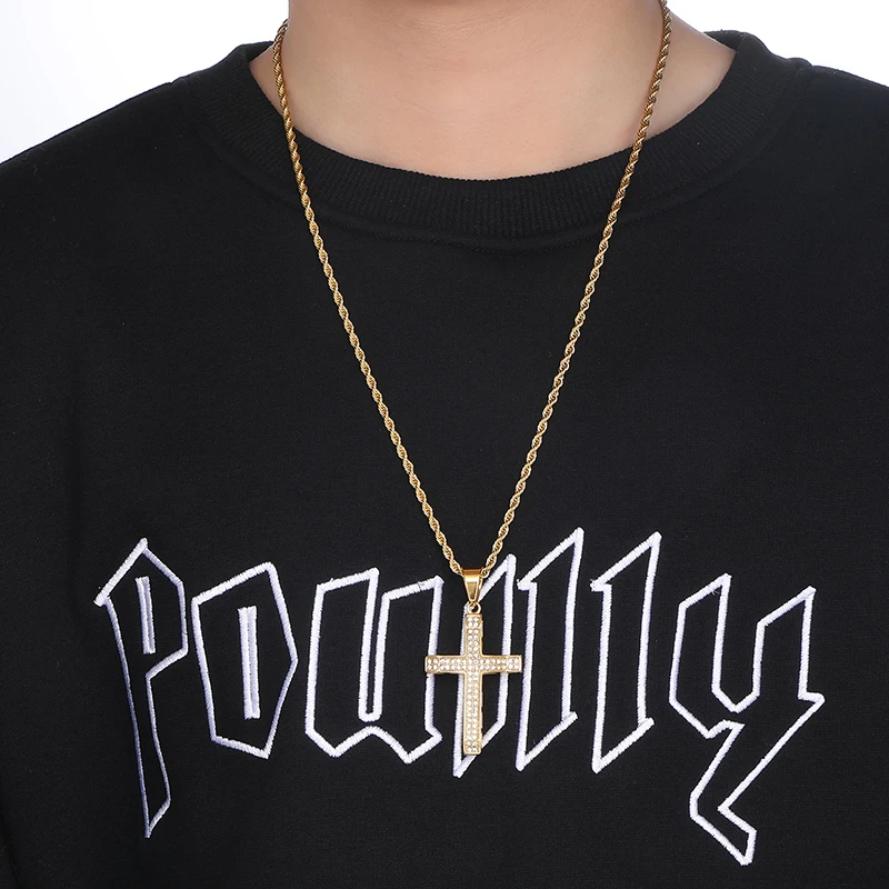 

Bling Iced Out Cross Necklace & Pendants Paved Pendant Stainless Steel Chain For Men jewelry